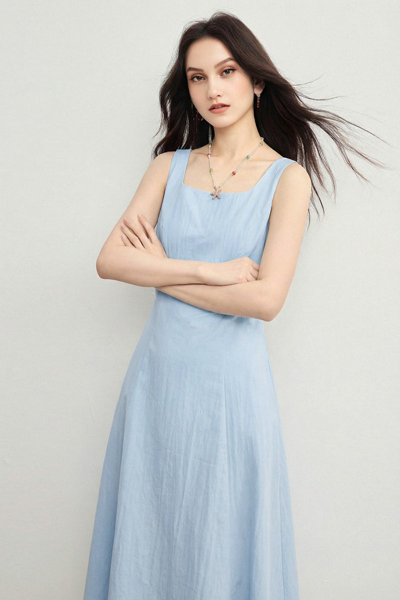 Blue Sleeveless Square-Neck A-Line Maxi Dress