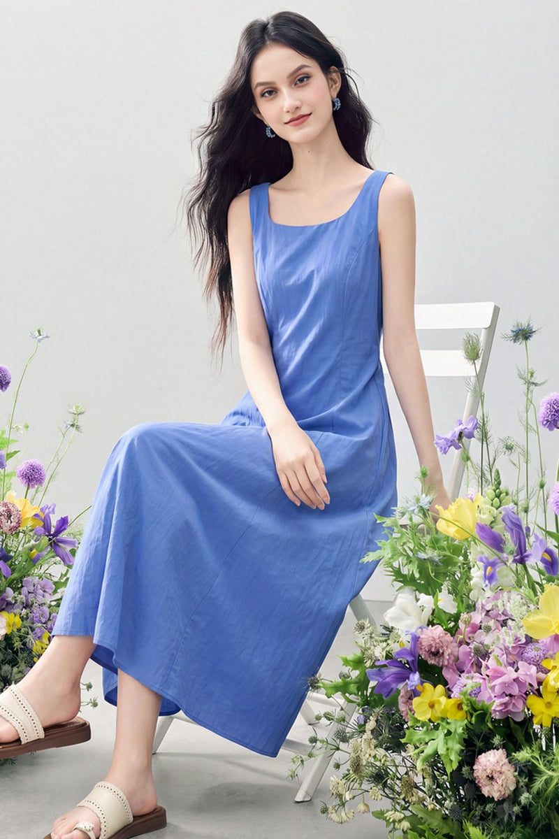 Blue Sleeveless Square-Neck A-Line Maxi Dress