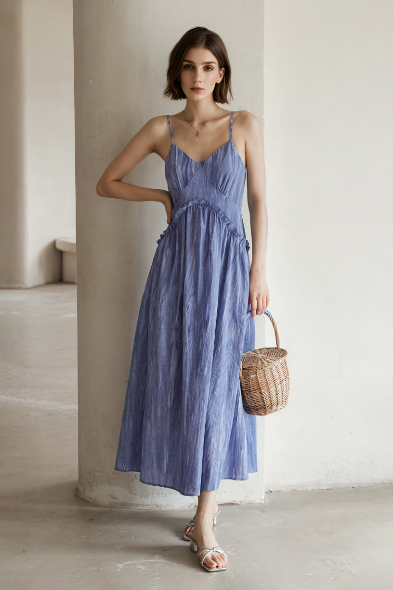 Blue Tie-Dye Spaghetti-Strap Midi Dress