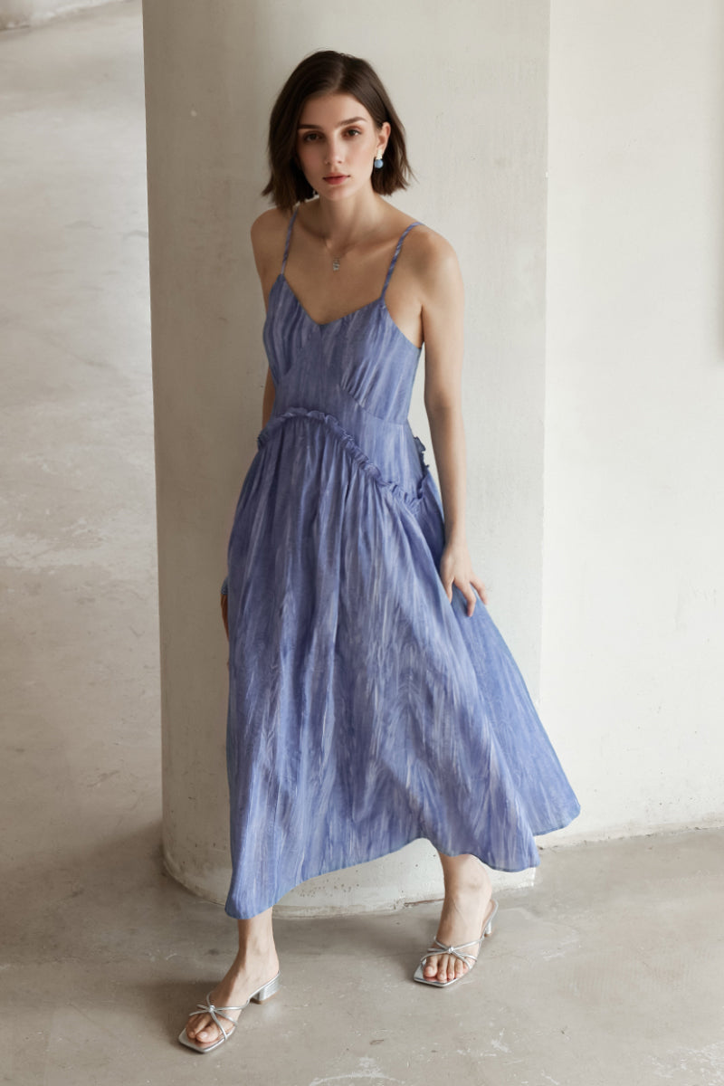 Blue Tie-Dye Spaghetti-Strap Midi Dress