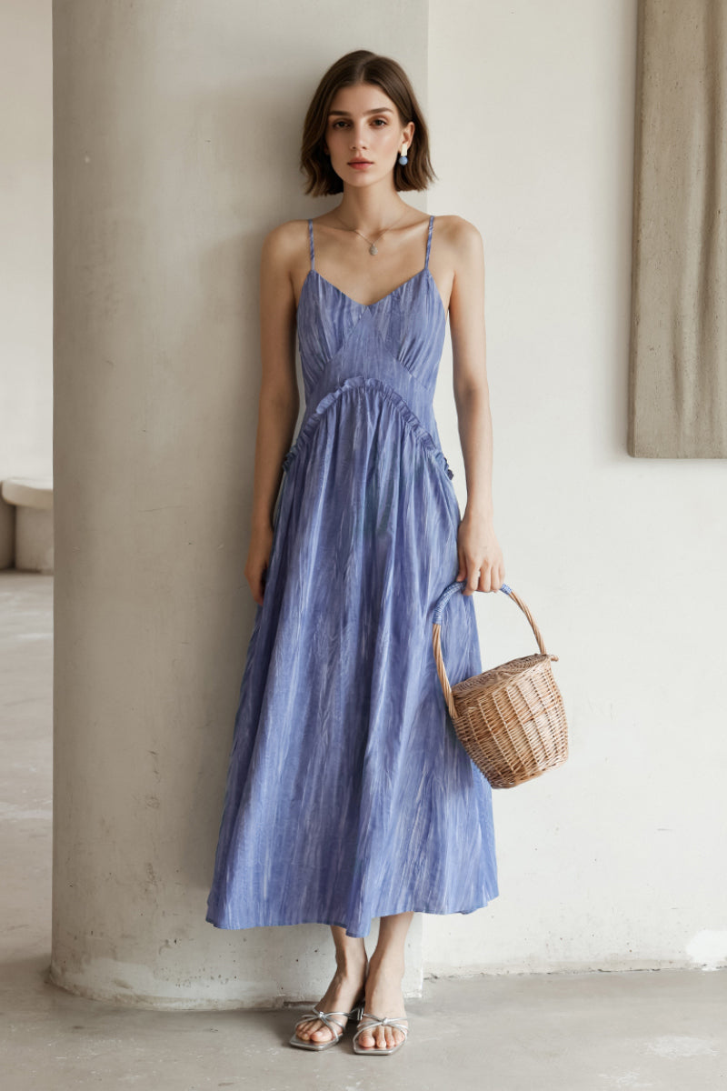 Blue Tie-Dye Spaghetti-Strap Midi Dress