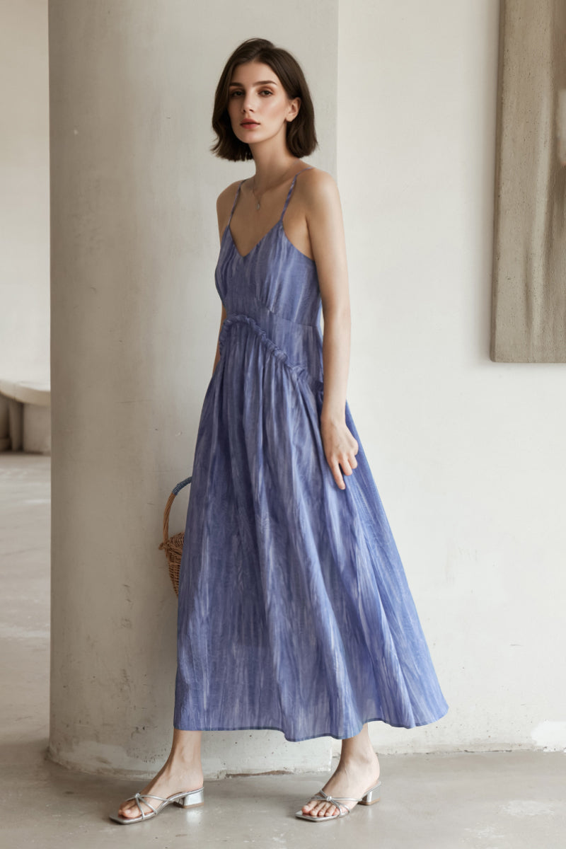 Blue Tie-Dye Spaghetti-Strap Midi Dress
