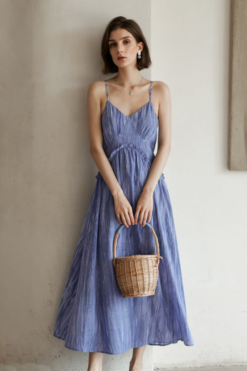 Blue Tie-Dye Spaghetti-Strap Midi Dress