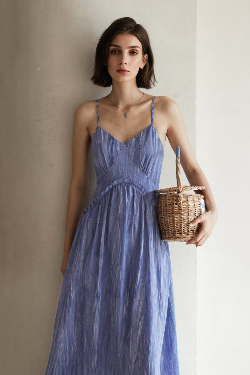 Blue Tie-Dye Spaghetti-Strap Midi Dress