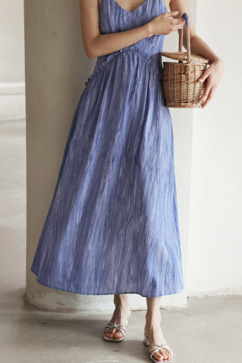 Blue Tie-Dye Spaghetti-Strap Midi Dress