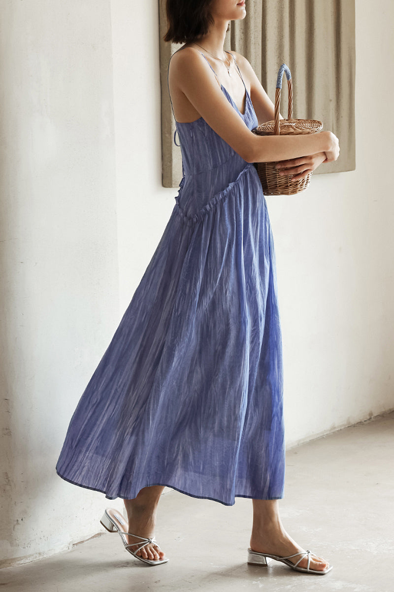 Blue Tie-Dye Spaghetti-Strap Midi Dress