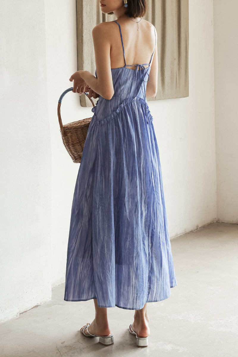 Blue Tie-Dye Spaghetti-Strap Midi Dress