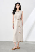Bohemian Linen Sleeveless Midi Shift Dress in Beige