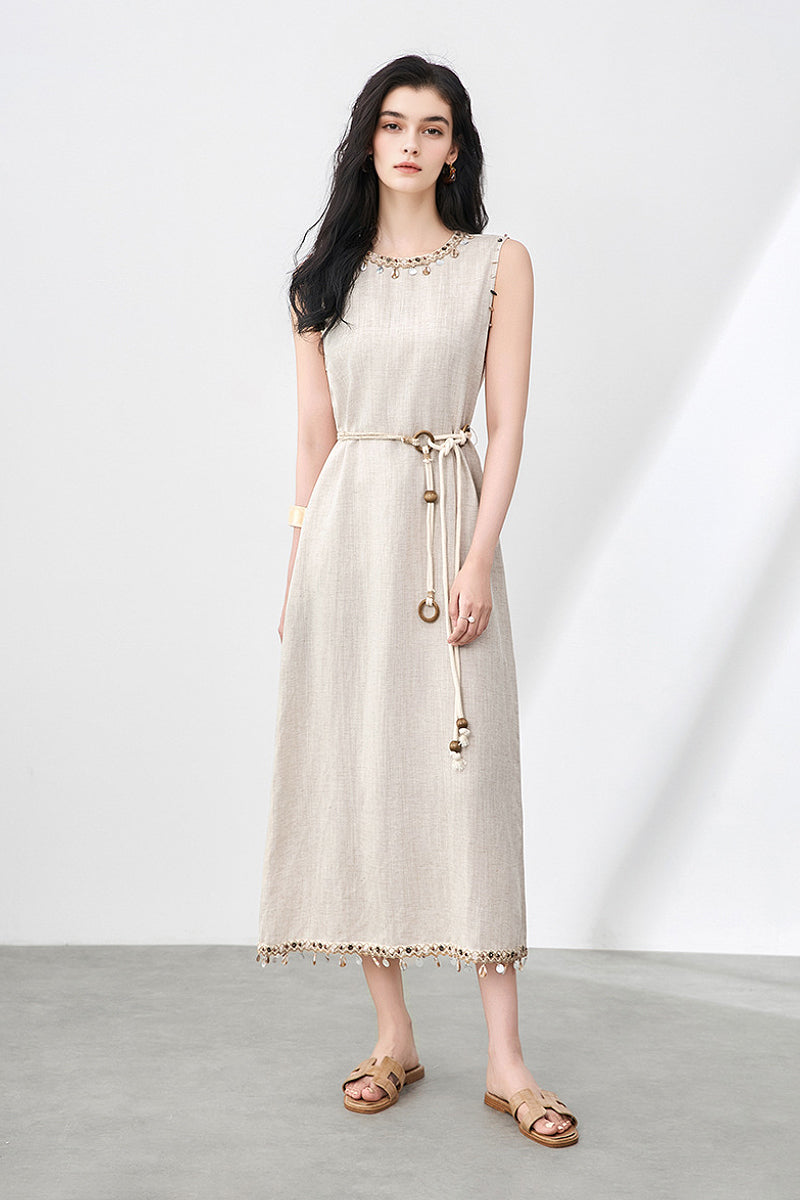 Bohemian Linen Sleeveless Midi Shift Dress in Beige