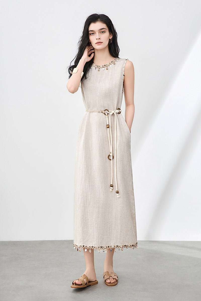 Bohemian Linen Sleeveless Midi Shift Dress in Beige