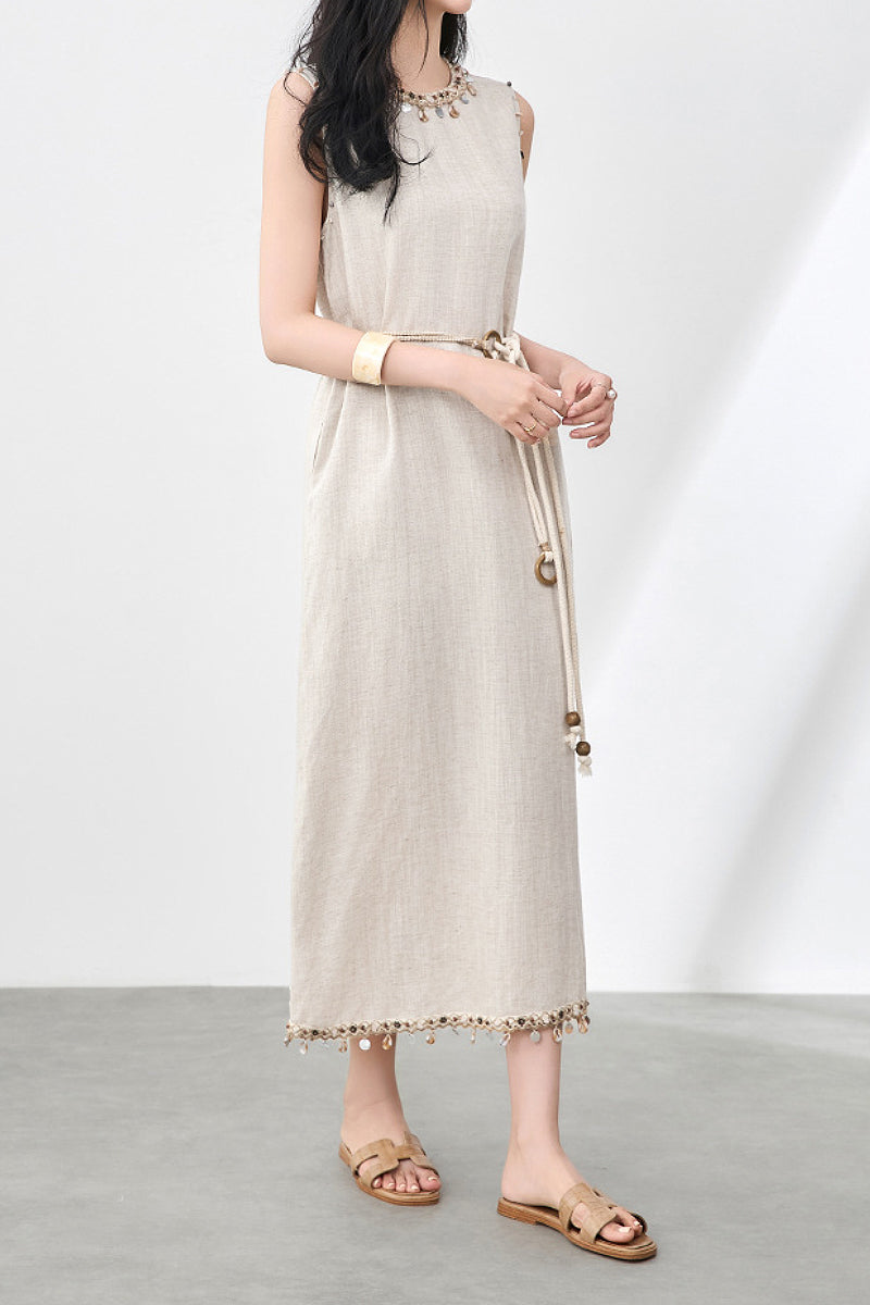 Bohemian Linen Sleeveless Midi Shift Dress in Beige