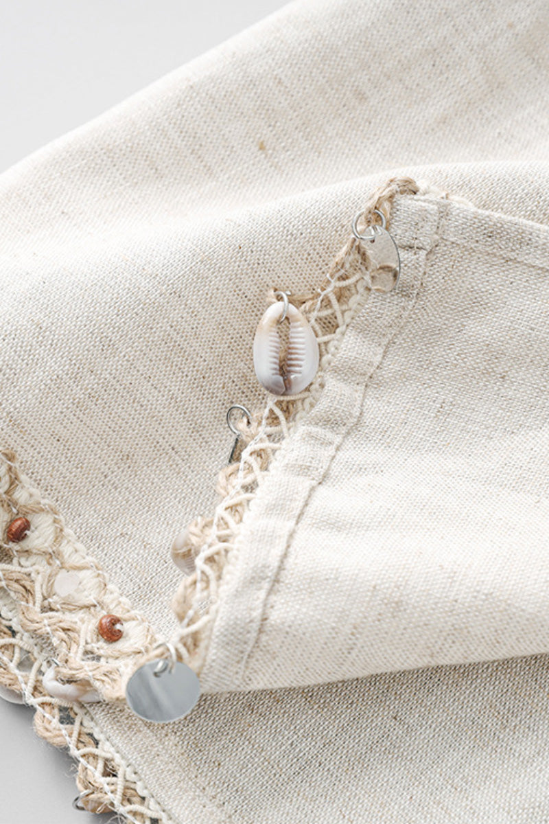 Bohemian Linen Sleeveless Midi Shift Dress in Beige