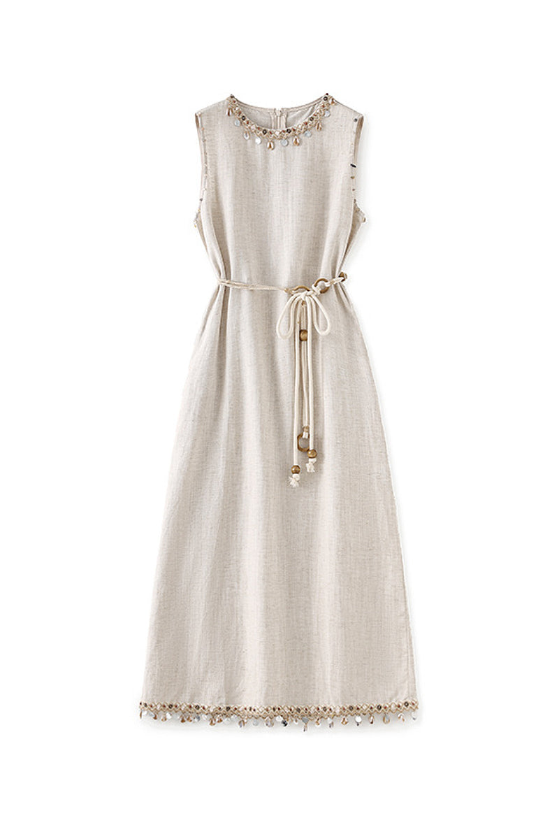 Bohemian Linen Sleeveless Midi Shift Dress in Beige