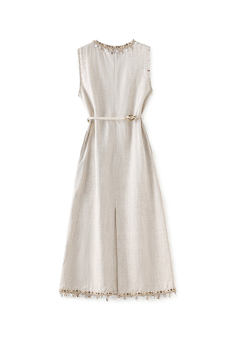 Bohemian Linen Sleeveless Midi Shift Dress in Beige