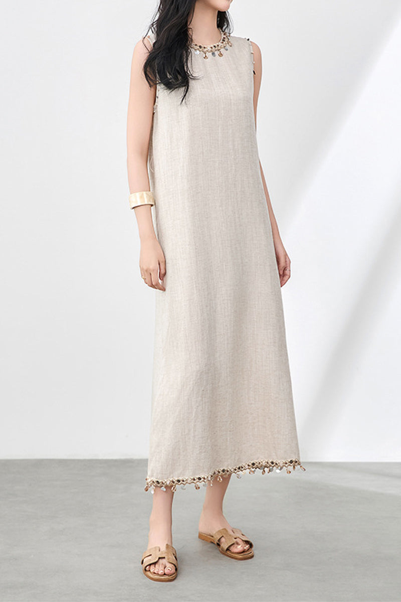 Bohemian Linen Sleeveless Midi Shift Dress in Beige