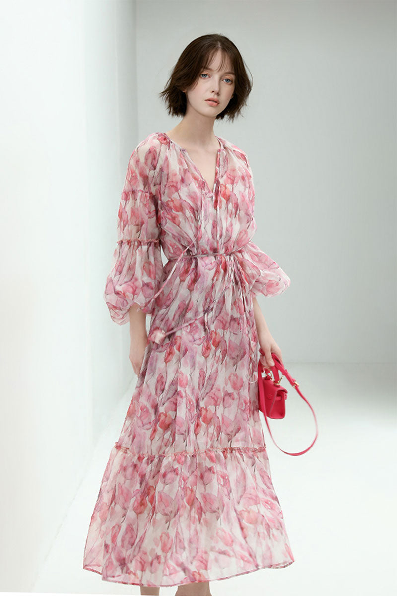 Boho Flower Balloon-Sleeve V-Neck Chiffon Maxi Dress with Underdress