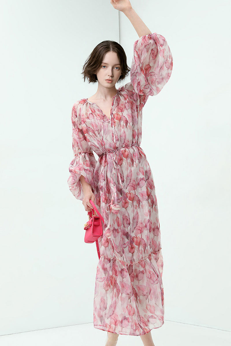 Boho Flower Balloon-Sleeve V-Neck Chiffon Maxi Dress with Underdress