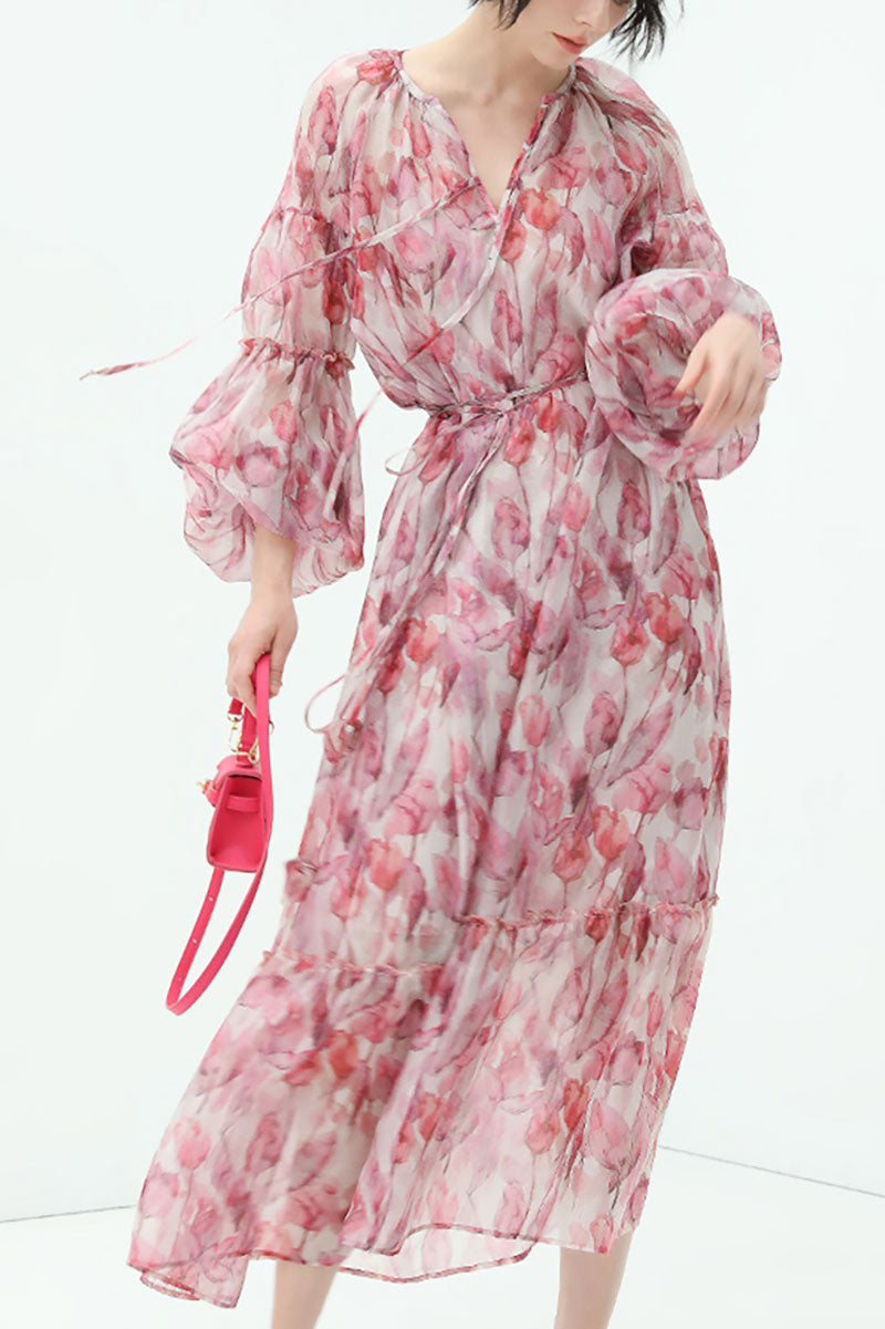 Boho Flower Balloon-Sleeve V-Neck Chiffon Maxi Dress with Underdress