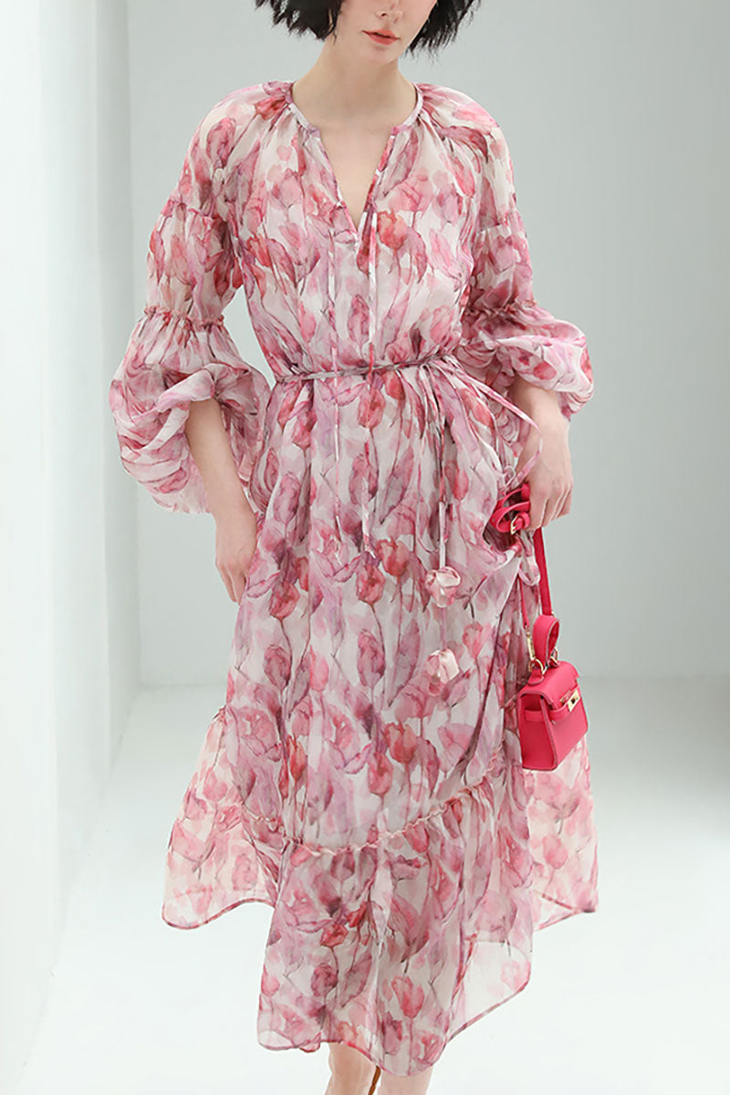 Boho Flower Balloon-Sleeve V-Neck Chiffon Maxi Dress with Underdress