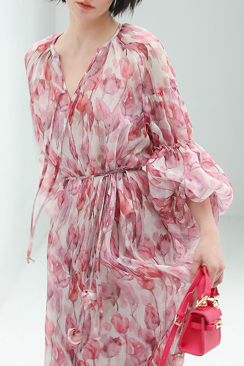 Boho Flower Balloon-Sleeve V-Neck Chiffon Maxi Dress with Underdress