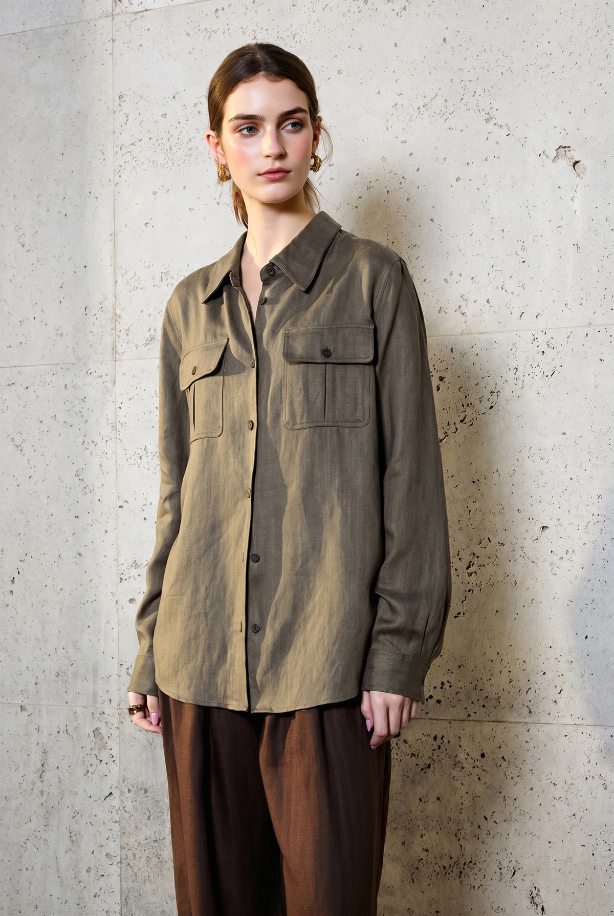 Breathable Linen Lyocell Button Up Shirt with Chest Pockets