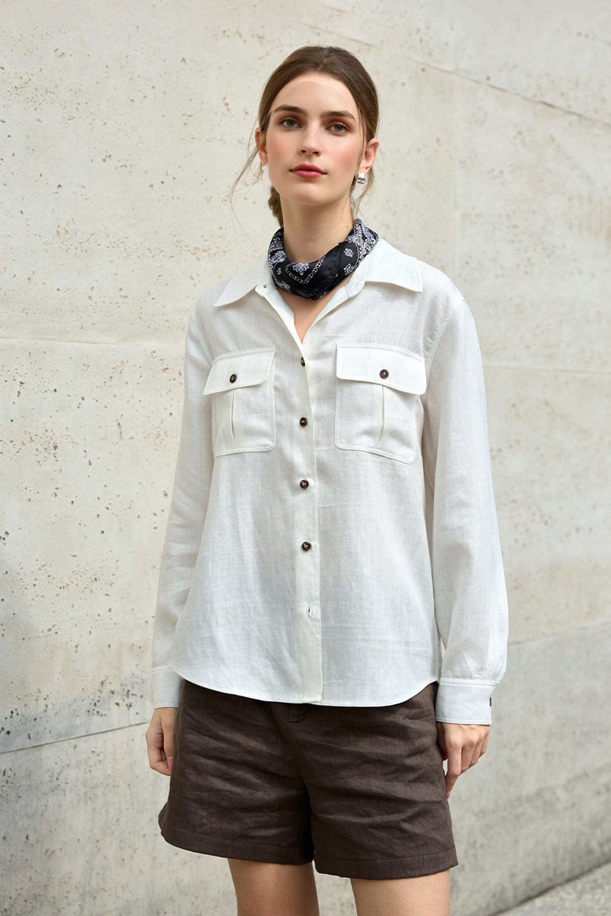 Breathable Linen Lyocell Button Up Shirt with Chest Pockets