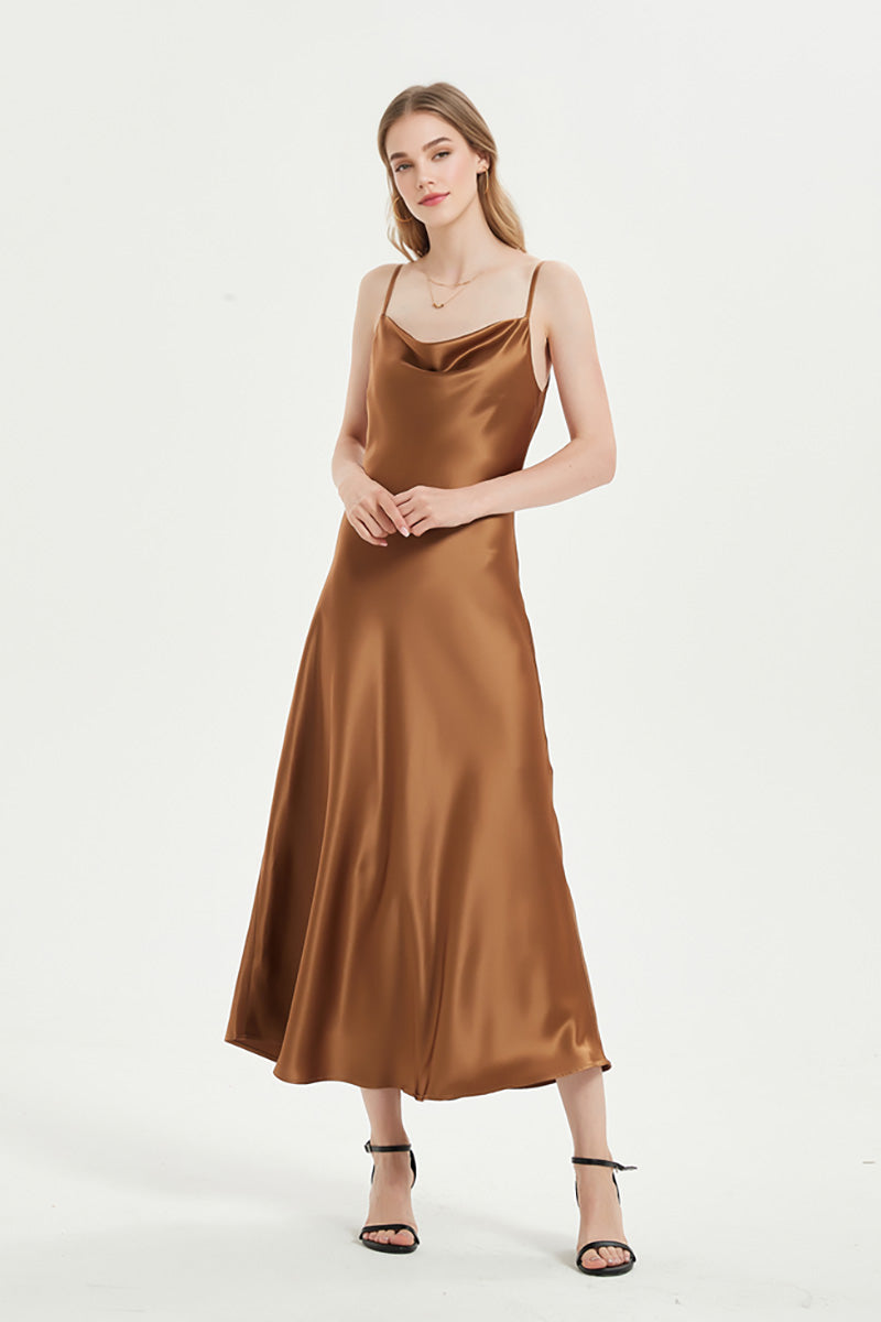Brown Cowl-Neck Midi Slip Dress in Triacetate-Blend