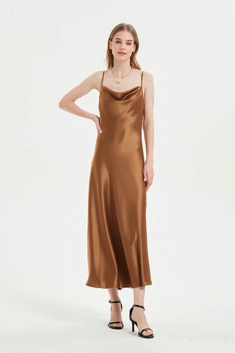 Brown Cowl-Neck Midi Slip Dress in Triacetate-Blend