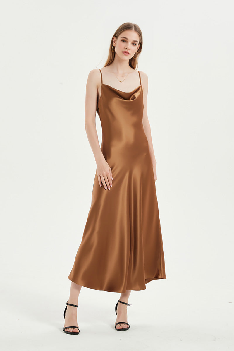Brown Cowl-Neck Midi Slip Dress in Triacetate-Blend