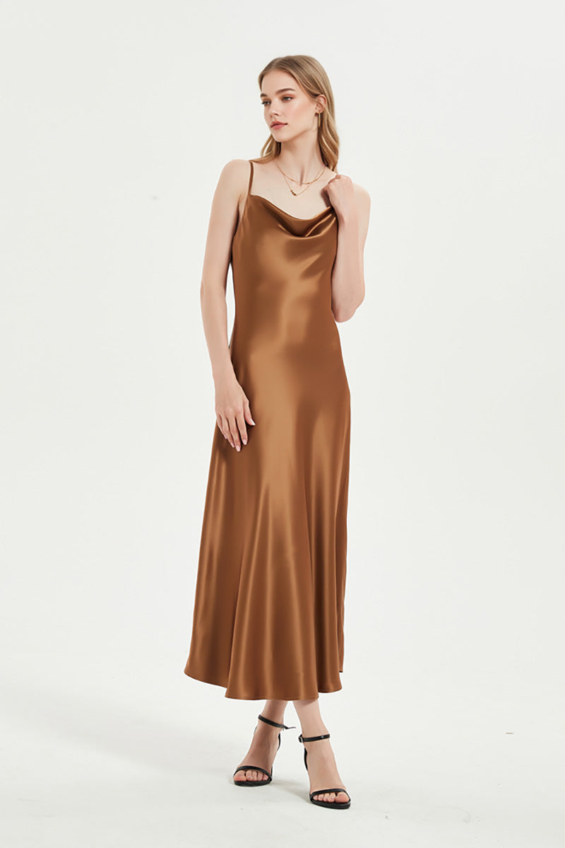 Brown Cowl-Neck Midi Slip Dress in Triacetate-Blend