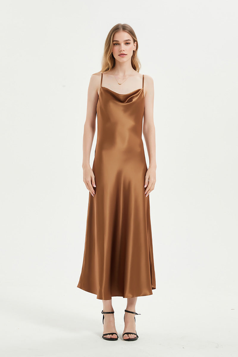 Brown Cowl-Neck Midi Slip Dress in Triacetate-Blend