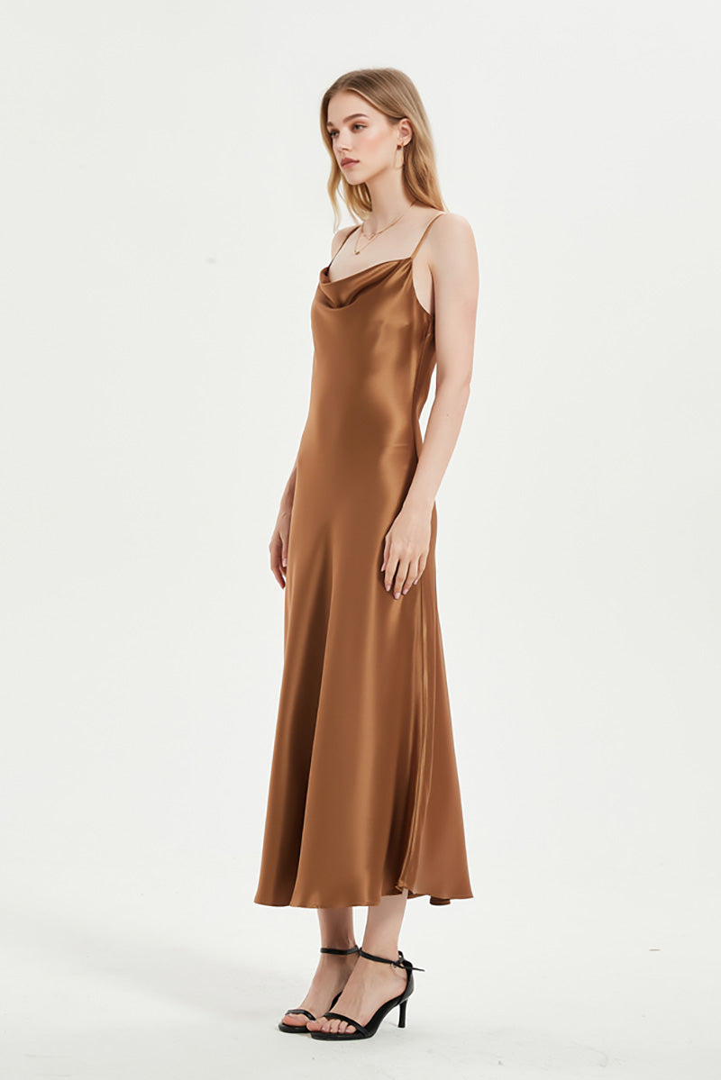 Brown Cowl-Neck Midi Slip Dress in Triacetate-Blend