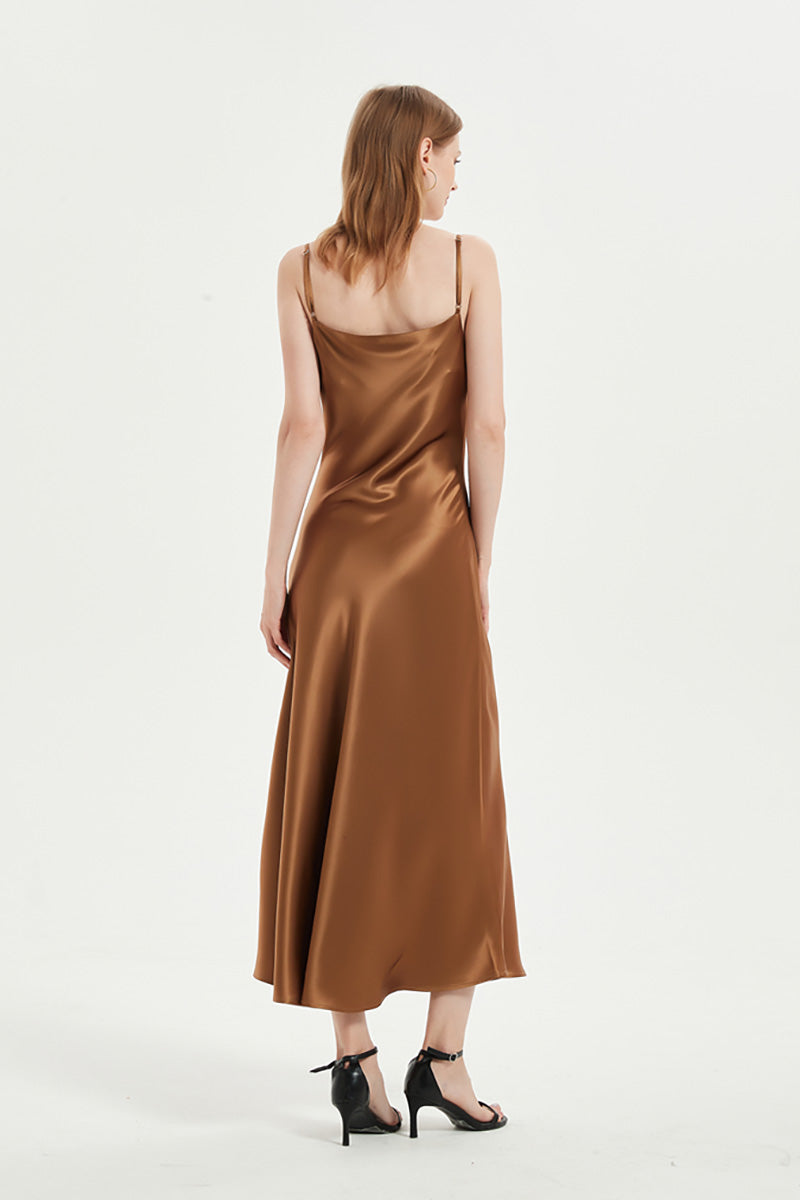 Brown Cowl-Neck Midi Slip Dress in Triacetate-Blend