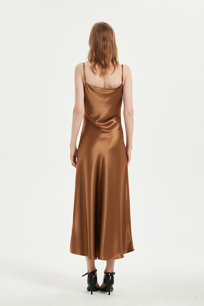 Brown Cowl-Neck Midi Slip Dress in Triacetate-Blend