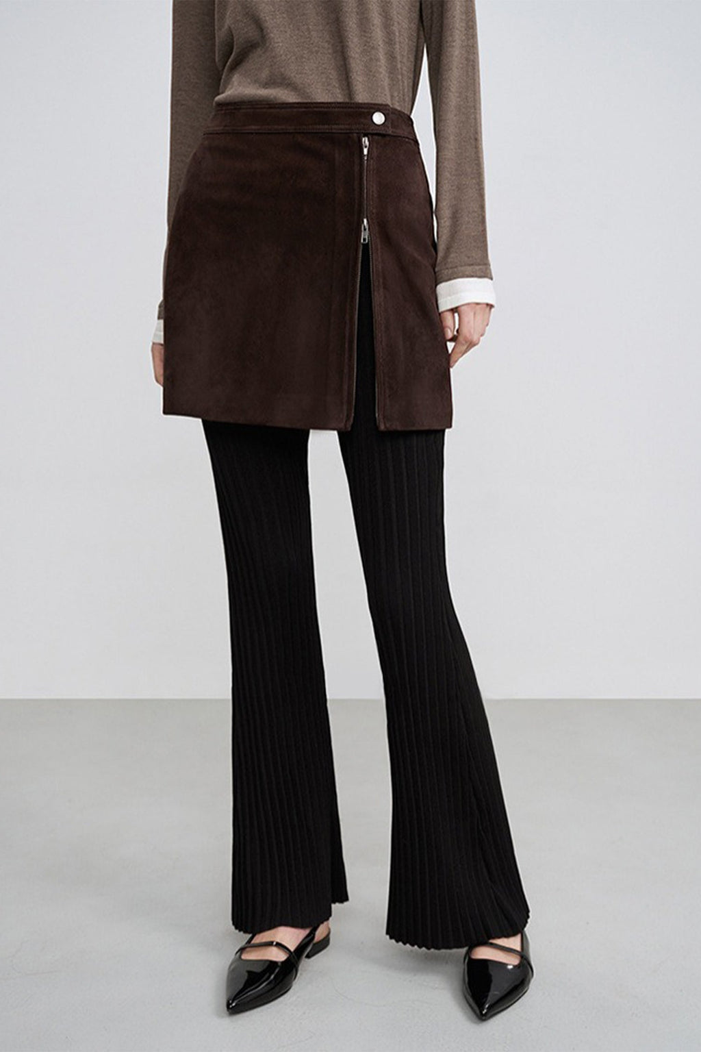Brown Goatskin Suede Double-Zip Mini Skirt