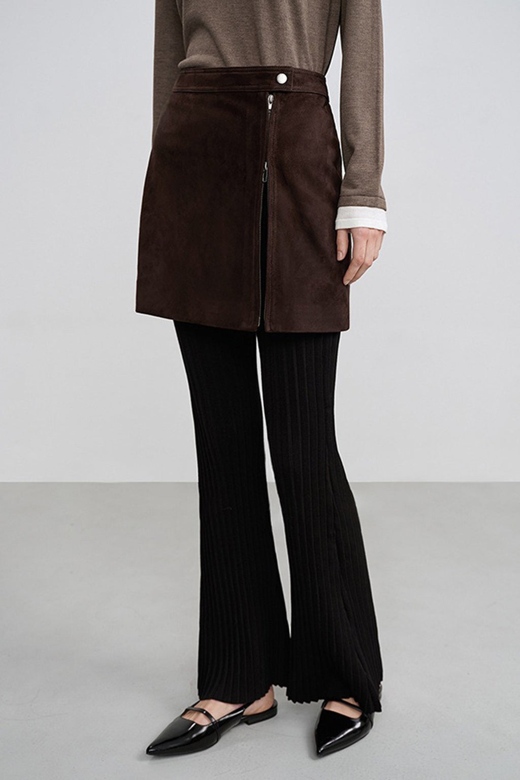 Brown Goatskin Suede Double-Zip Mini Skirt