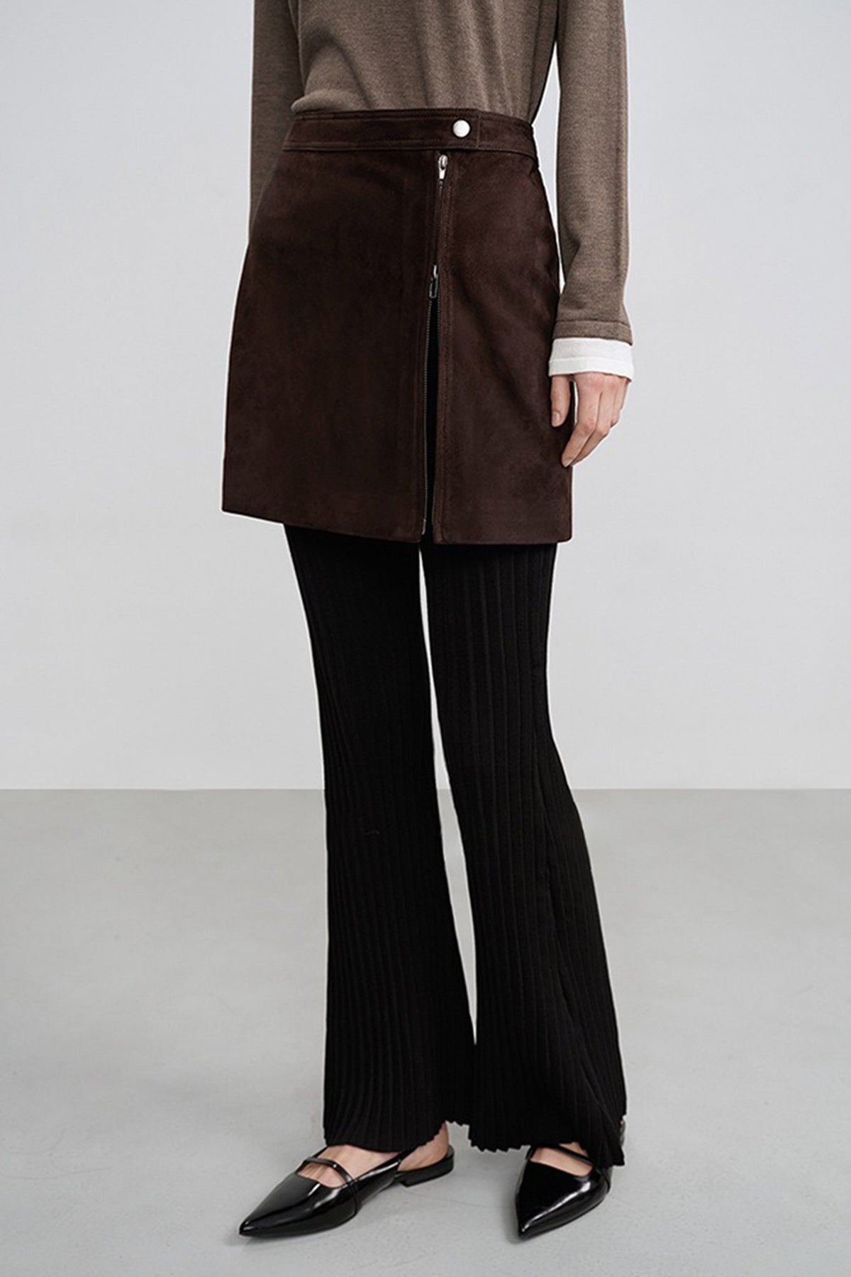 Brown Goatskin Suede Double-Zip Mini Skirt