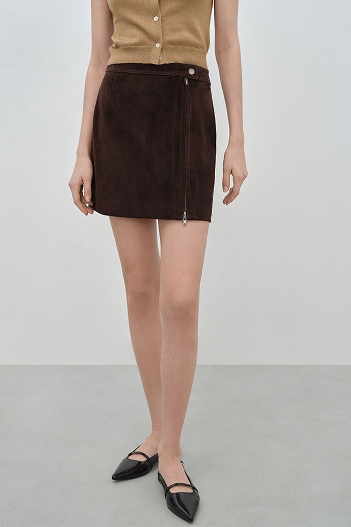 Brown Goatskin Suede Double-Zip Mini Skirt