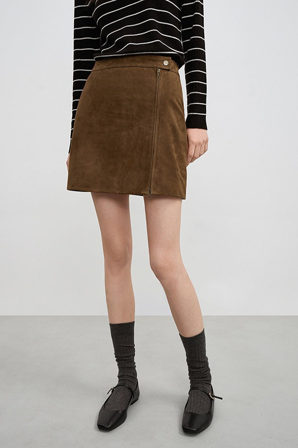 Brown Goatskin Suede Double-Zip Mini Skirt