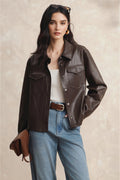 Brown Leather Belted Shirt Jacket