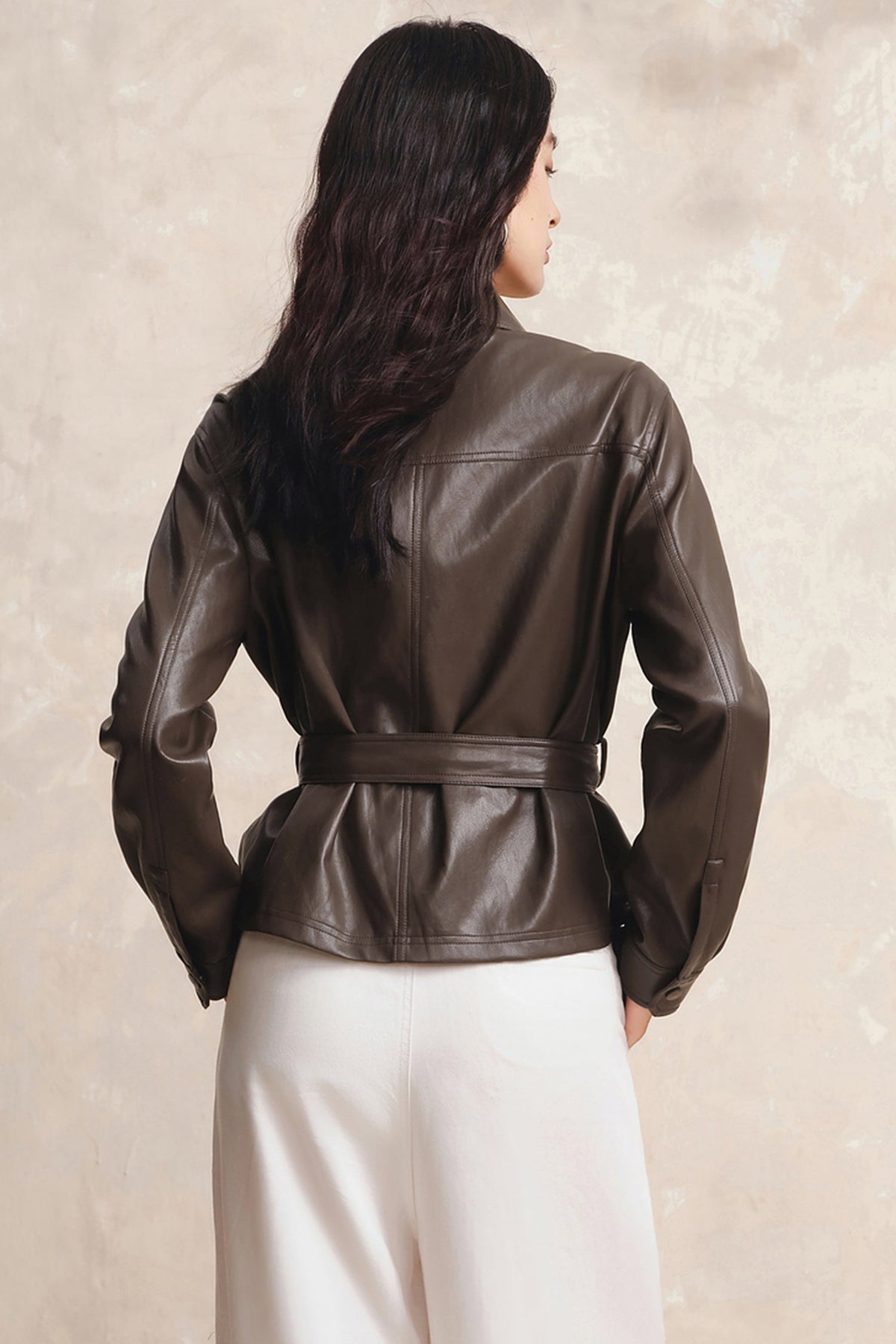 Brown Leather Belted Shirt Jacket