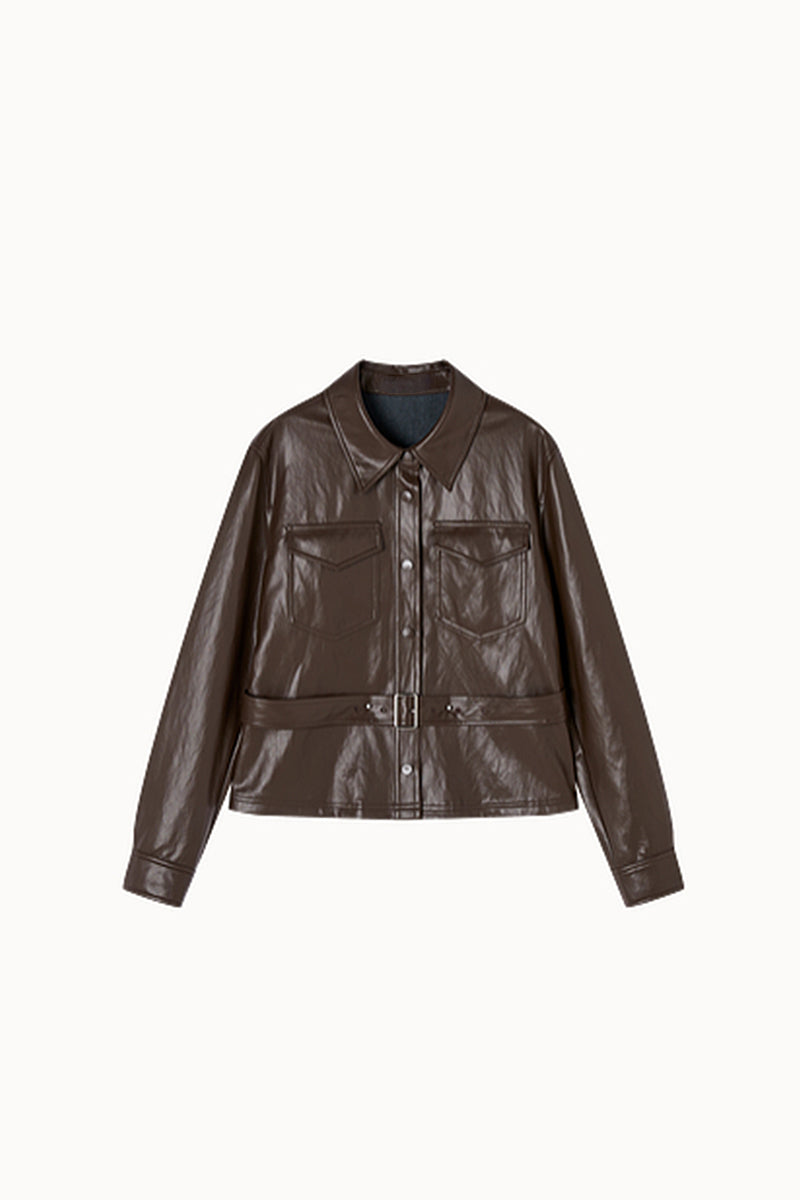 Brown Leather Belted Shirt Jacket