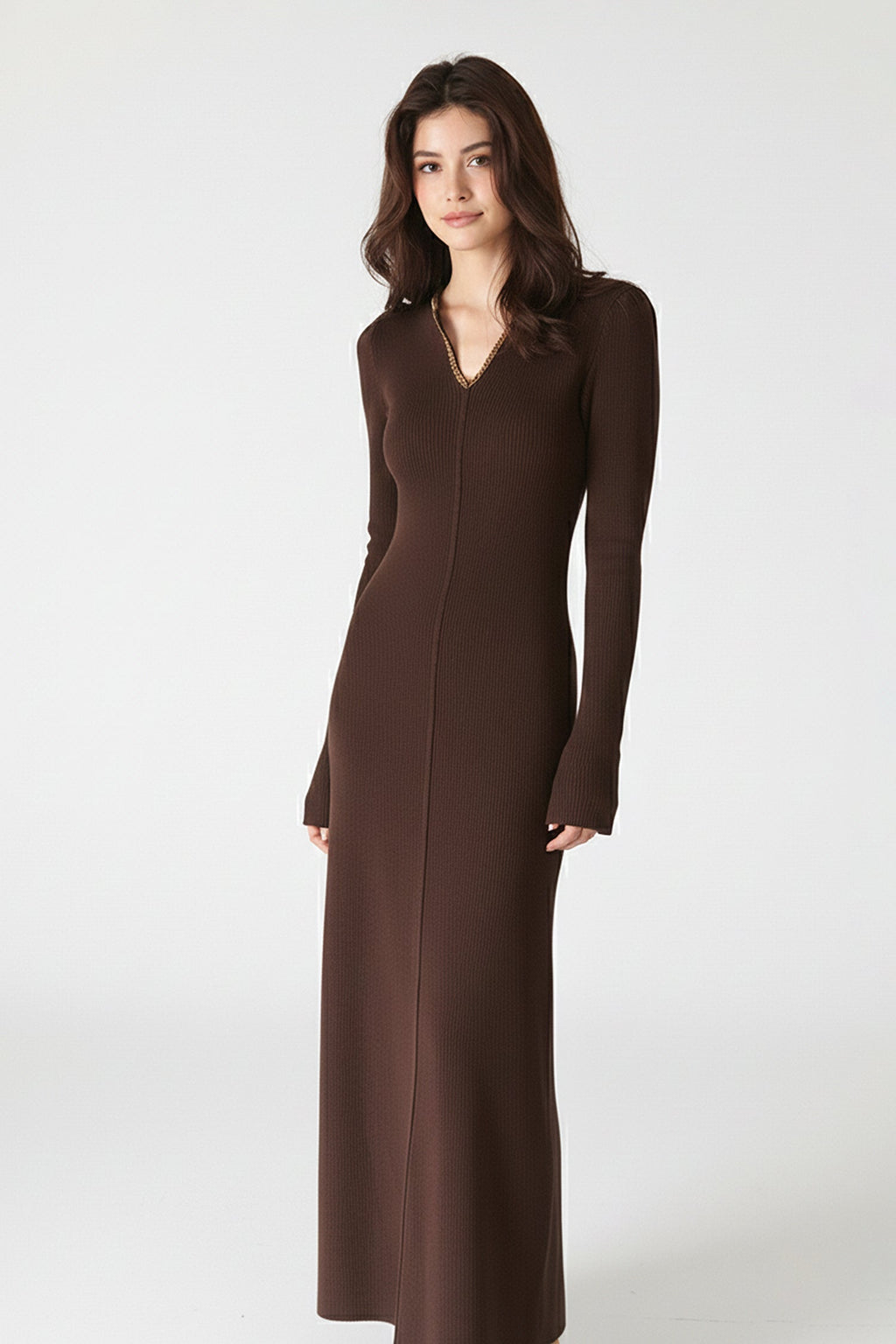 Brown Wool-Blend Long Sleeve V-Neck Sweater Dress