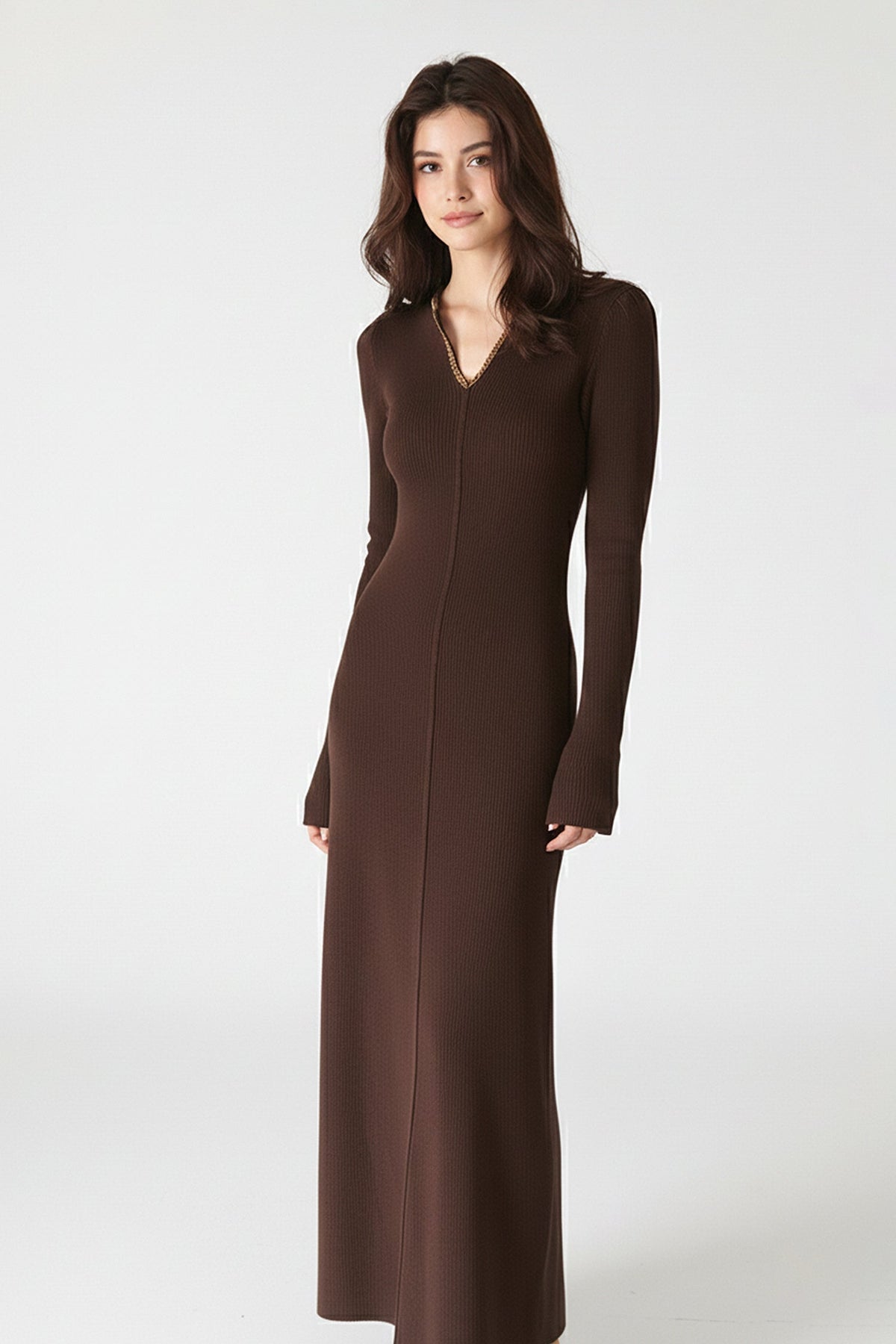 Brown Wool-Blend Long Sleeve V-Neck Sweater Dress