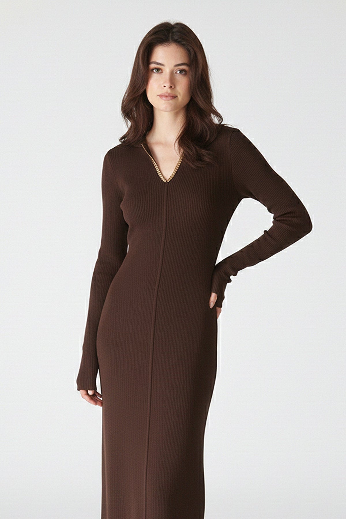 Brown Wool-Blend Long Sleeve V-Neck Sweater Dress