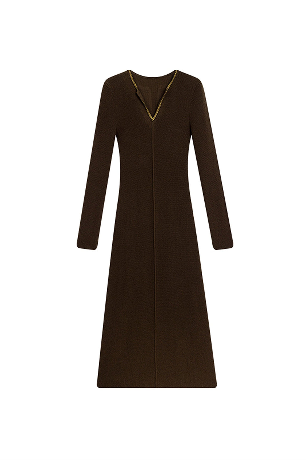 Brown Wool-Blend Long Sleeve V-Neck Sweater Dress