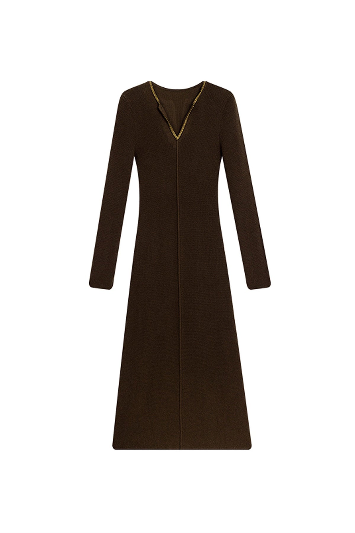 Brown Wool-Blend Long Sleeve V-Neck Sweater Dress