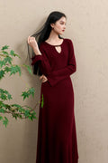 Burgundy Long Sleeve Keyhole Midi Sweater Dress