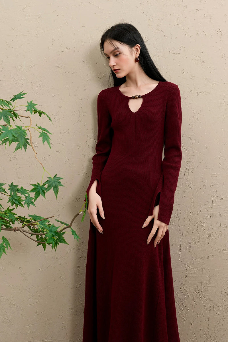 Burgundy Long Sleeve Keyhole Midi Sweater Dress