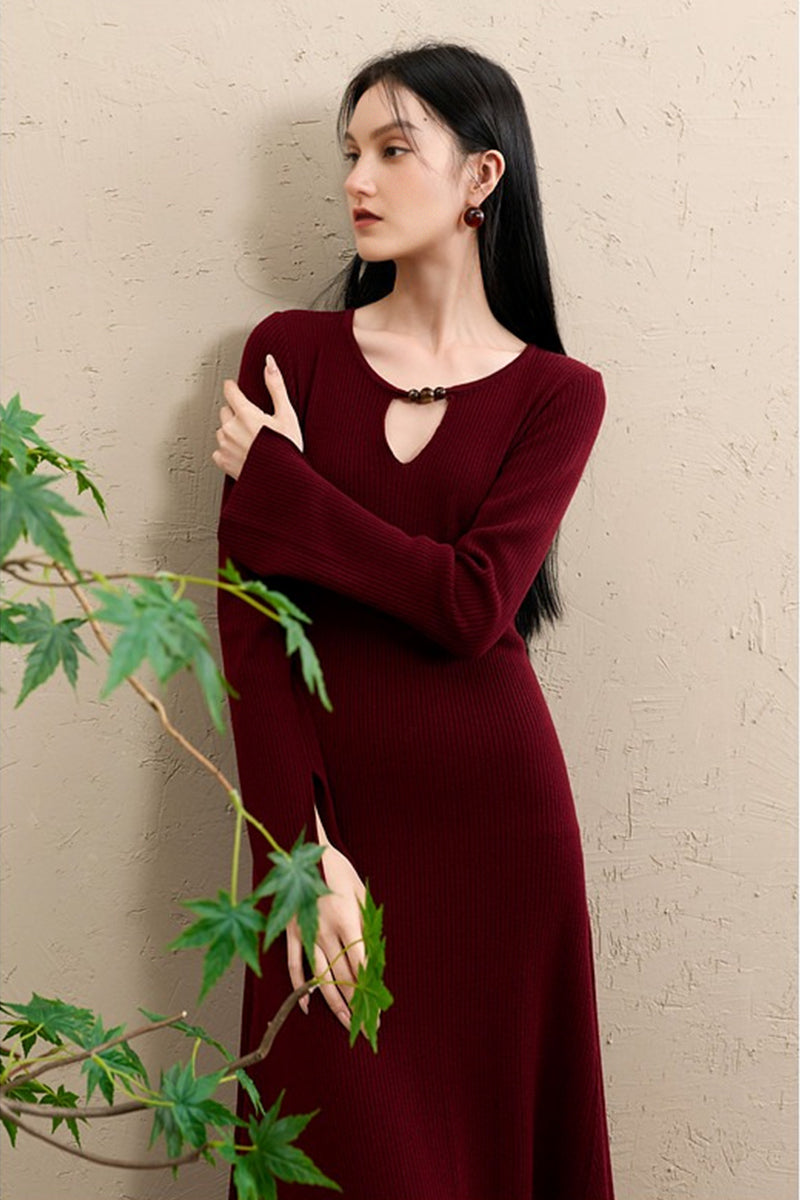 Burgundy Long Sleeve Keyhole Midi Sweater Dress